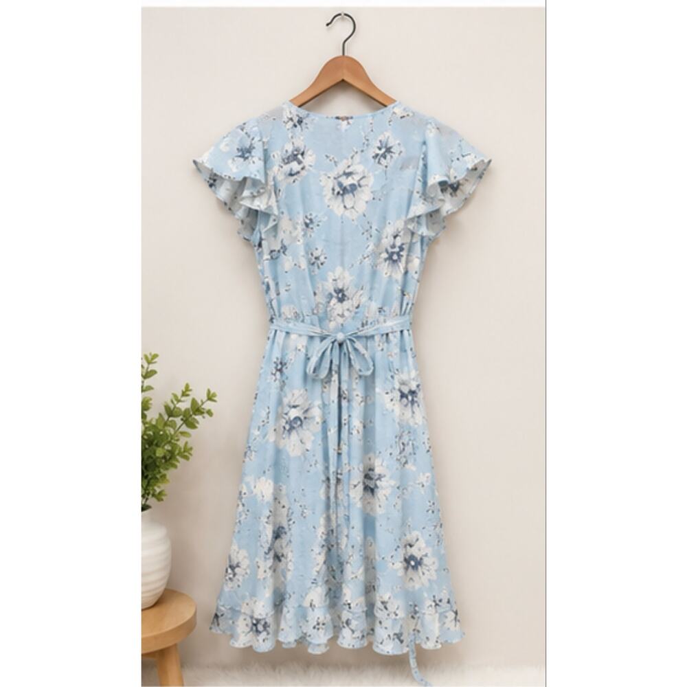 Free People Blue Floral Cottagecore Dress Sz XS Flutter Sleeve Tie Waist Coastal - Picture 3 of 4